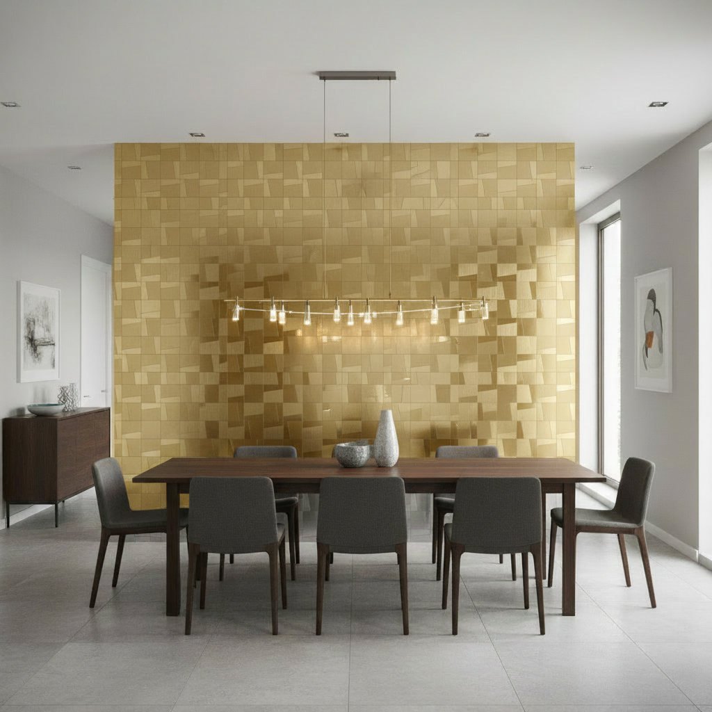 Ambiente com revestimento metálico dourado